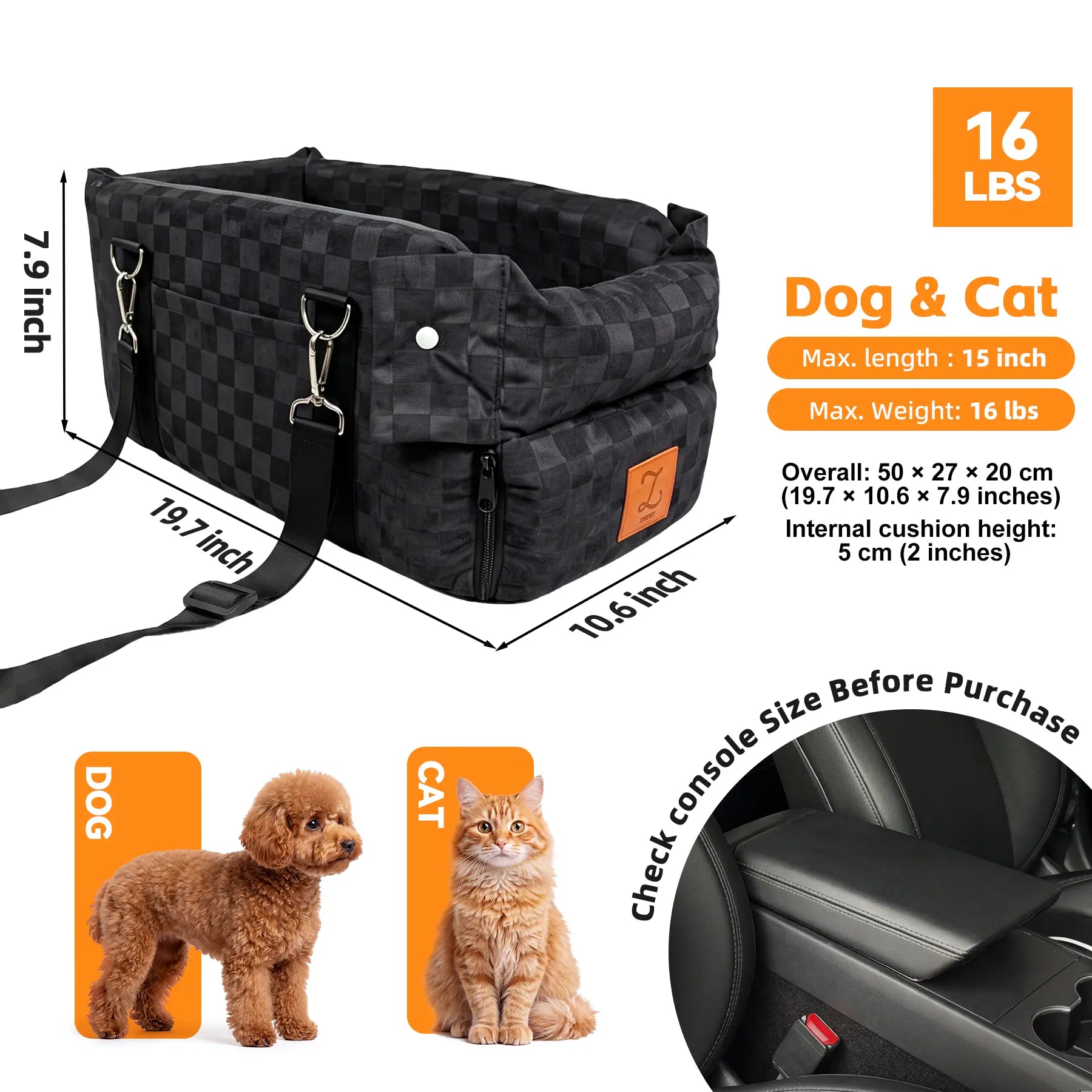 Zvrpet 2-in-1 Console Pet Car Seat & Carrier — Portable Center Console Booster for Small Dogs & Cats up to 16 lb, Anti-Tip, Washable Cushion, Adjustable 43" Padded Shoulder Strap