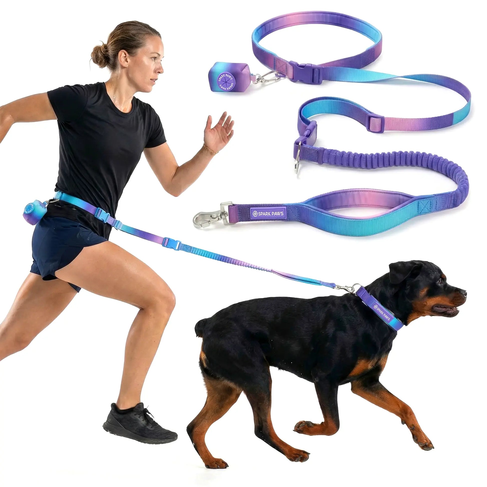 Spark Paws Hands-Free Dog Leash — Shock-Absorbing Bungee Waist Lead with Car Seatbelt Clip & Poop Bag Holder | Heavy-Duty Leash for Medium, Large & XL Breeds