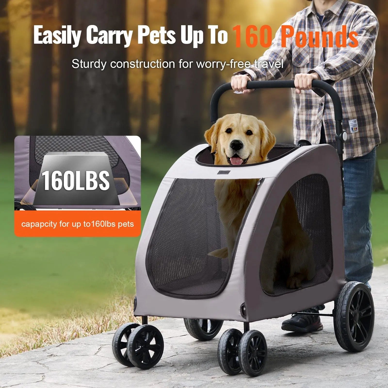 Ultimate Comfort Pet Stroller - 4-Wheel Dog Carrier with 160Lbs Capacity for Safe and Stylish Adventures