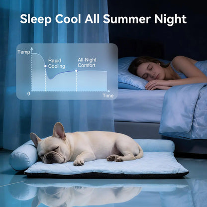 Cooling Dog Bed with Headrest — Washable Elevated Pet Cooling Mat for Summer, Anti-Slip Portable Bed with Built-In Bolster Pillow for Cats & Dogs up to 40 lb