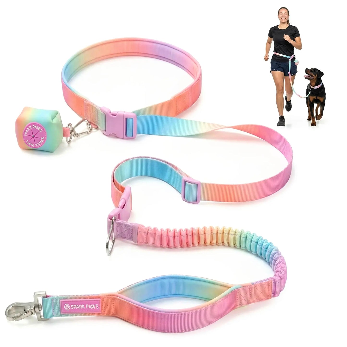 Spark Paws Hands-Free Dog Leash — Shock-Absorbing Bungee Waist Lead with Car Seatbelt Clip & Poop Bag Holder | Heavy-Duty Leash for Medium, Large & XL Breeds