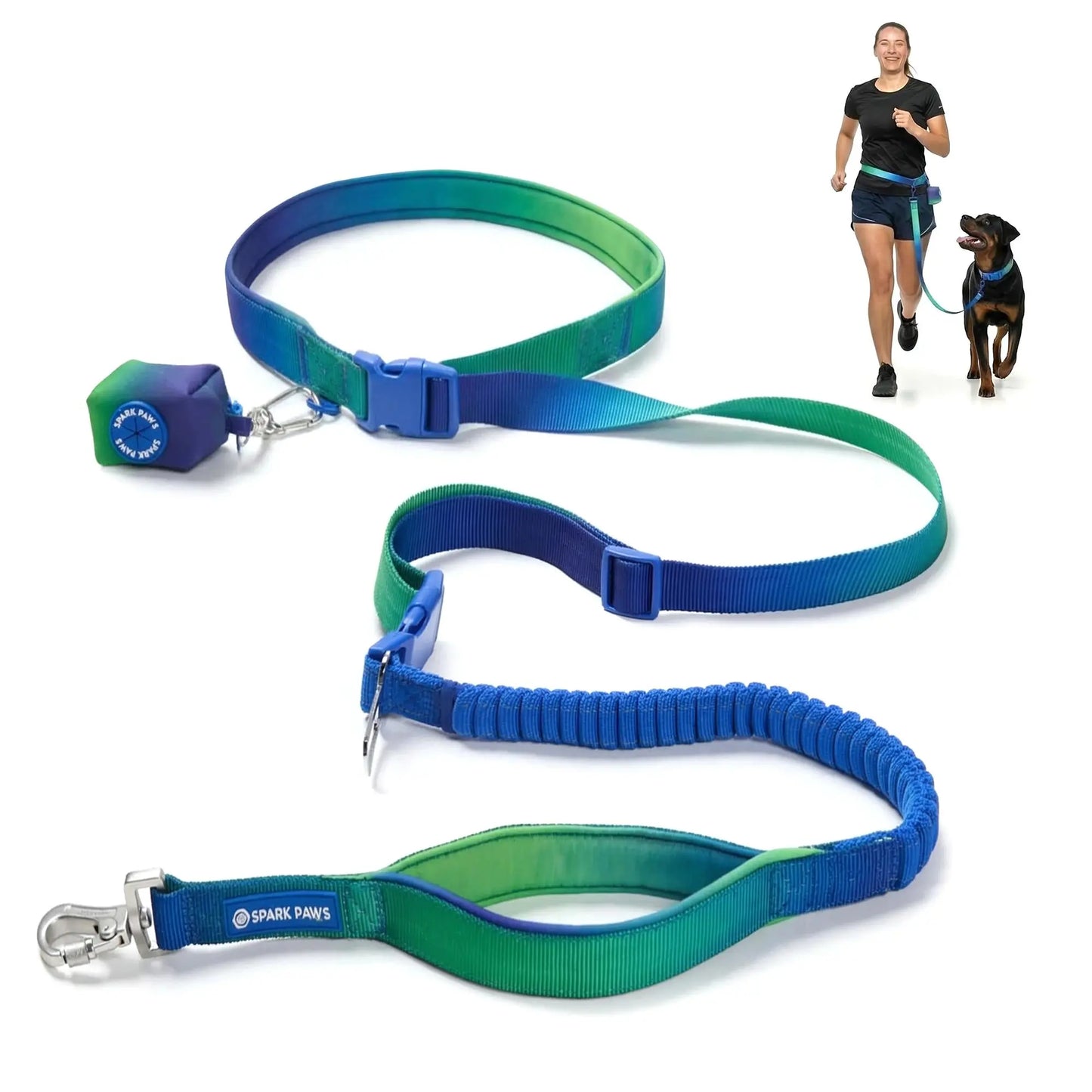 Spark Paws Hands-Free Dog Leash — Shock-Absorbing Bungee Waist Lead with Car Seatbelt Clip & Poop Bag Holder | Heavy-Duty Leash for Medium, Large & XL Breeds