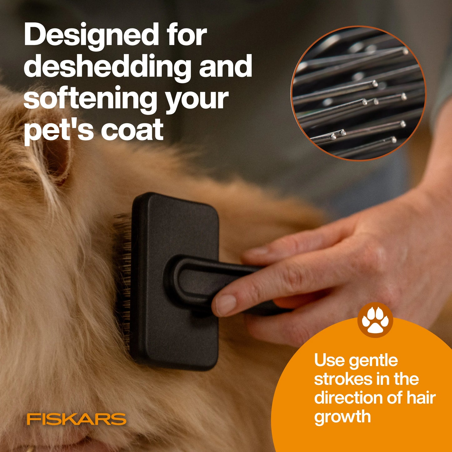 Fiskars Pet Slicker Brush — Gentle Deshedding & Detangling Brush for Dogs & Cats, Fine Stainless Steel Bristles with SoftGrip Handle, 6.5 in