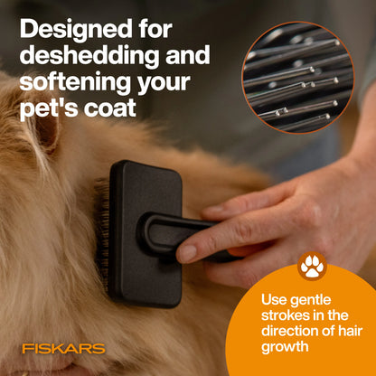 Fiskars Pet Slicker Brush — Gentle Deshedding & Detangling Brush for Dogs & Cats, Fine Stainless Steel Bristles with SoftGrip Handle, 6.5 in