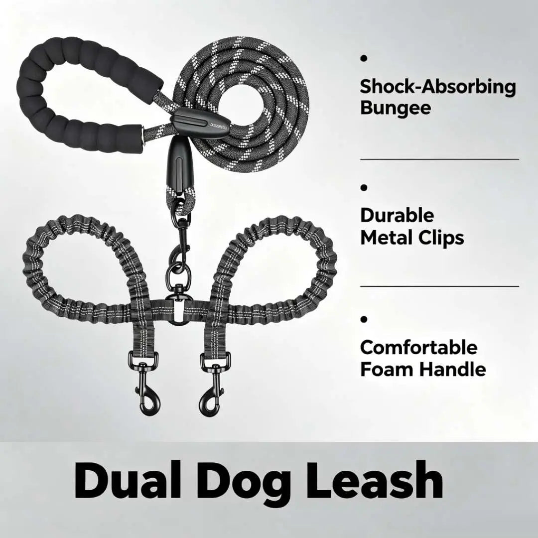 Ultimate Dual Dog Leash: Tangle-Free Bungee with Shock Absorption for All Dog Sizes - Reflective Safety Features Included!