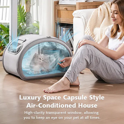Pecute Pet Cooling House — Portable Bubble-View Pod with Detachable Cooling Blanket & Ice Packs, Insulated Walls, No-Assembly Folds-Flat Design for Small Dogs & Cats (Indoor & Travel)