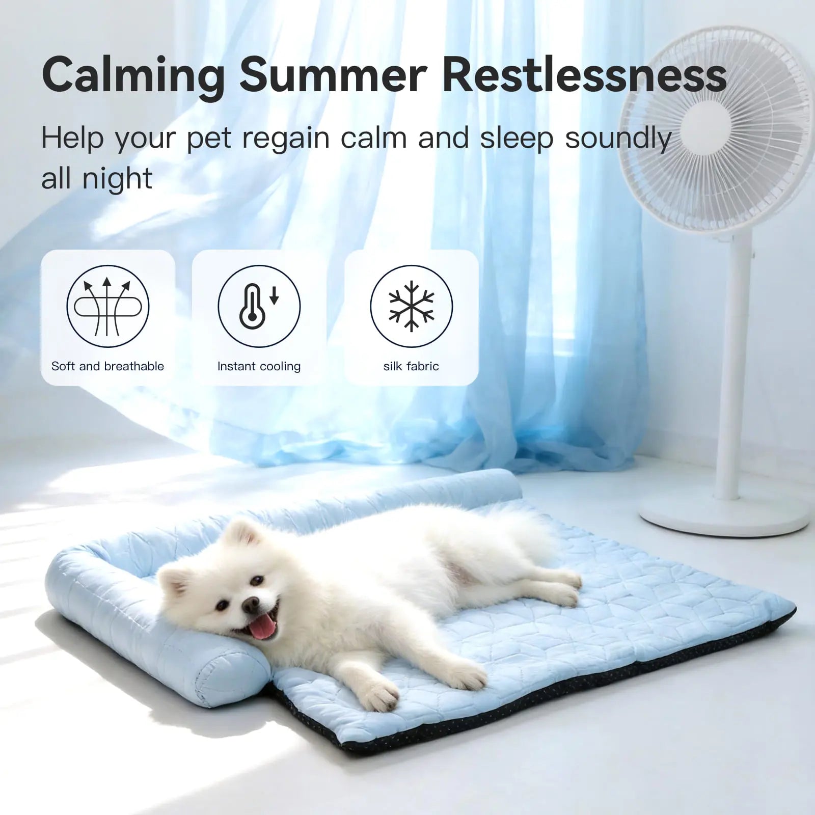 Cooling Dog Bed with Headrest — Washable Elevated Pet Cooling Mat for Summer, Anti-Slip Portable Bed with Built-In Bolster Pillow for Cats & Dogs up to 40 lb
