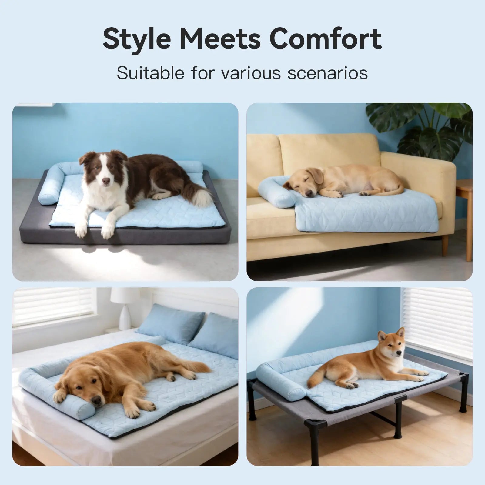 Cooling Dog Bed with Headrest — Washable Elevated Pet Cooling Mat for Summer, Anti-Slip Portable Bed with Built-In Bolster Pillow for Cats & Dogs up to 40 lb