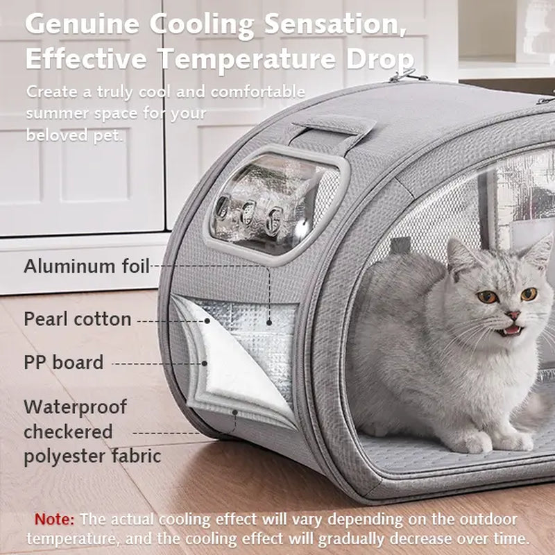 Pecute Pet Cooling House — Portable Bubble-View Pod with Detachable Cooling Blanket & Ice Packs, Insulated Walls, No-Assembly Folds-Flat Design for Small Dogs & Cats (Indoor & Travel)