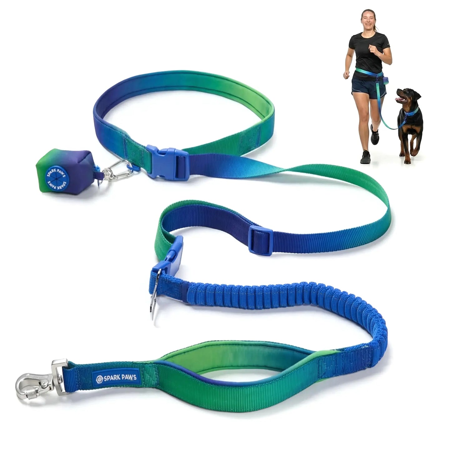 Spark Paws Hands-Free Dog Leash — Shock-Absorbing Bungee Waist Lead with Car Seatbelt Clip & Poop Bag Holder | Heavy-Duty Leash for Medium, Large & XL Breeds