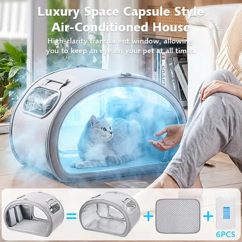 Pecute Pet Cooling House — Portable Bubble-View Pod with Detachable Cooling Blanket & Ice Packs, Insulated Walls, No-Assembly Folds-Flat Design for Small Dogs & Cats (Indoor & Travel)