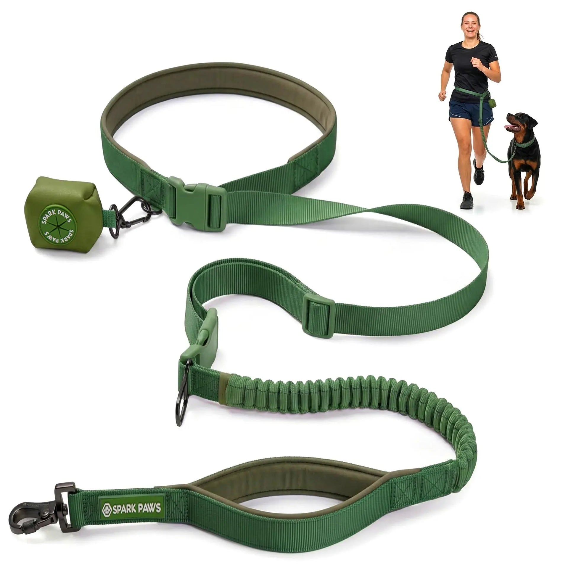 Spark Paws Hands-Free Dog Leash — Shock-Absorbing Bungee Waist Lead with Car Seatbelt Clip & Poop Bag Holder | Heavy-Duty Leash for Medium, Large & XL Breeds