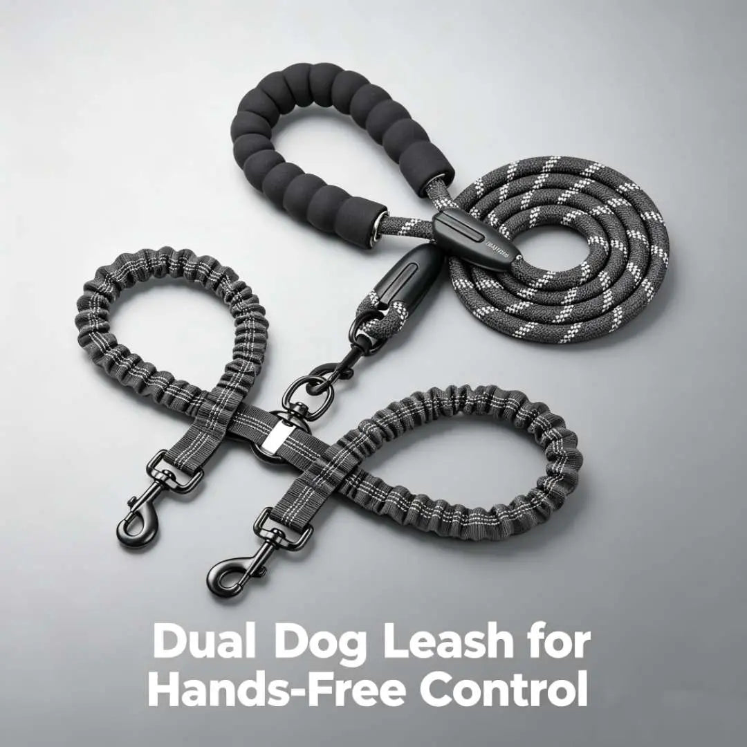 Ultimate Dual Dog Leash: Tangle-Free Bungee with Shock Absorption for All Dog Sizes - Reflective Safety Features Included!