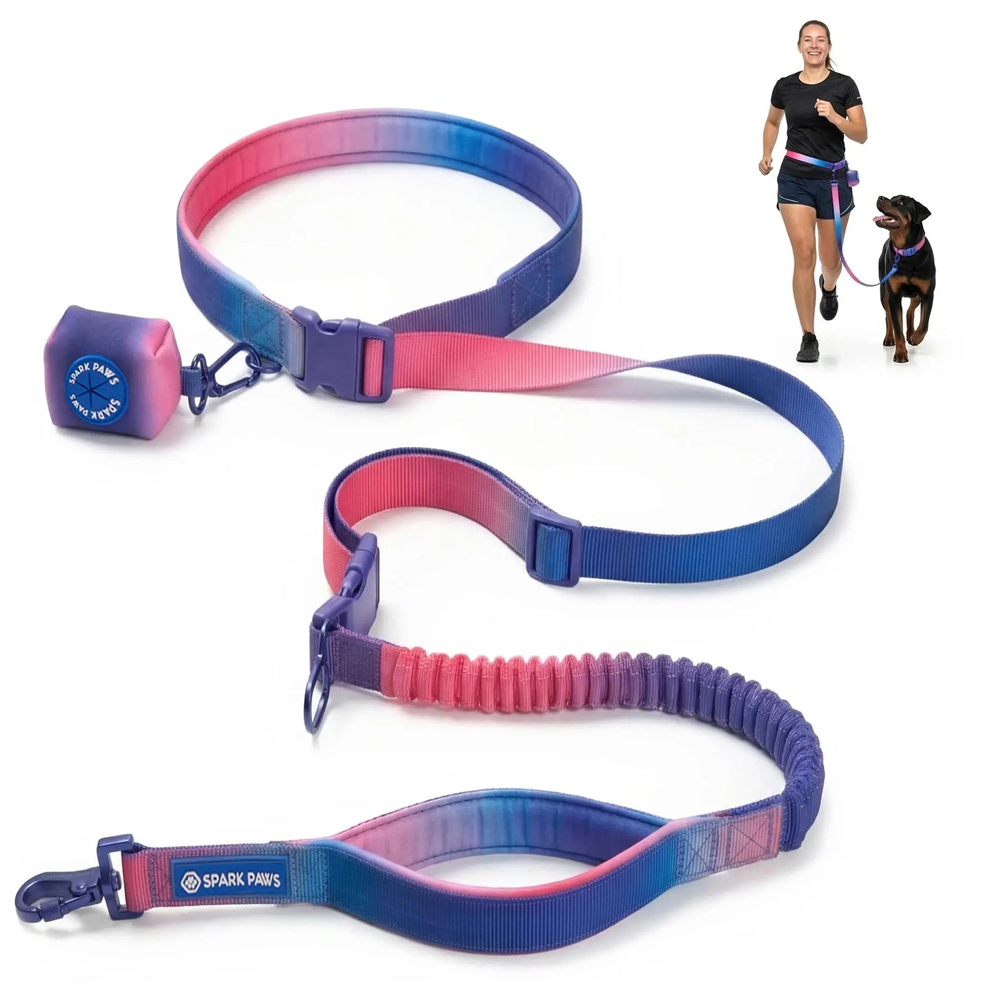 Spark Paws Hands-Free Dog Leash — Shock-Absorbing Bungee Waist Lead with Car Seatbelt Clip & Poop Bag Holder | Heavy-Duty Leash for Medium, Large & XL Breeds
