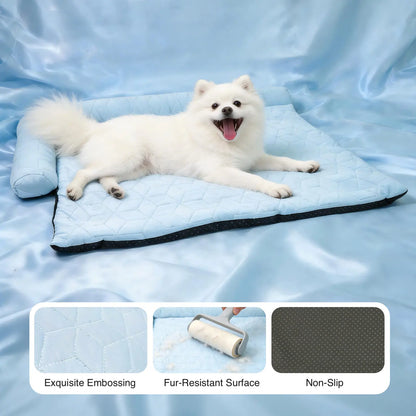 Cooling Dog Bed with Headrest — Washable Elevated Pet Cooling Mat for Summer, Anti-Slip Portable Bed with Built-In Bolster Pillow for Cats & Dogs up to 40 lb