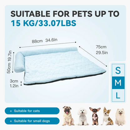 Cooling Dog Bed with Headrest — Washable Elevated Pet Cooling Mat for Summer, Anti-Slip Portable Bed with Built-In Bolster Pillow for Cats & Dogs up to 40 lb