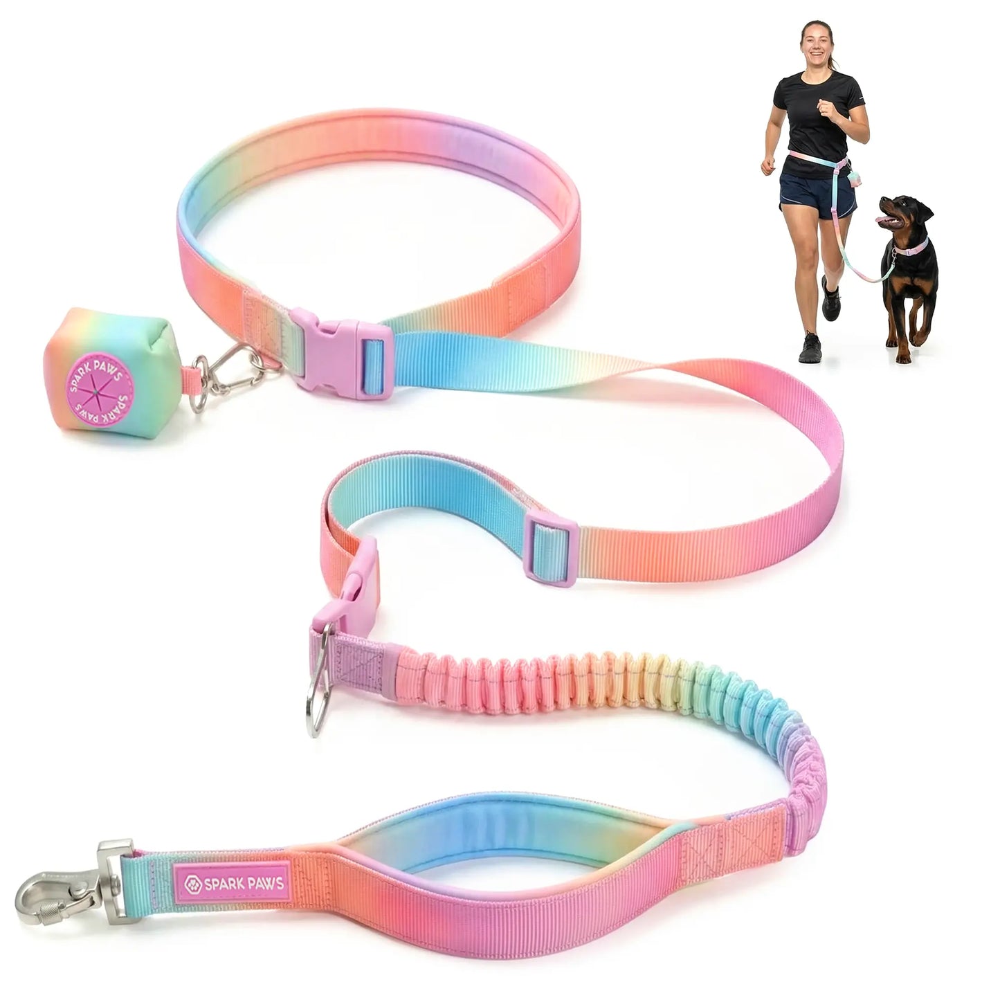 Spark Paws Hands-Free Dog Leash — Shock-Absorbing Bungee Waist Lead with Car Seatbelt Clip & Poop Bag Holder | Heavy-Duty Leash for Medium, Large & XL Breeds